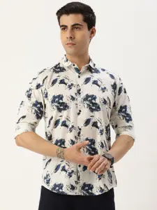 Bene Kleed Men White & Blue Slim Fit Floral Printed Cotton Casual Shirt