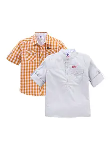 TONYBOY Boys Orange & Grey Pack Of 2 Gingham Checked Cotton Casual Shirt