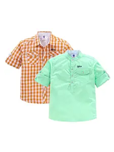 TONYBOY Boys Orange & Green Classic Gingham Checked Cotton Casual Shirt Pack Of 2