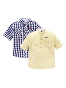 TONYBOY Boys Pack of 2 Navy Blue & Yellow Classic Gingham Checked Cotton Casual Shirts