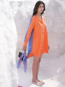 RAREISM Orange & Blue Colourblocked Cotton High-Low Shirt Dress