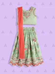 Biba Girls Green & Pink Embroidered Thread Work Ready to Wear Lehenga & Blouse With Dupatta