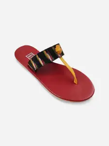 POSTCARD Women Maroon Colourblocked T-Strap Flats