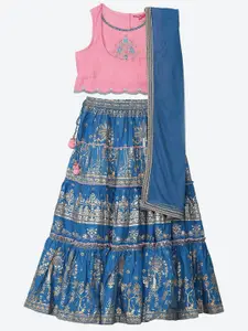 Biba Girls Blue & Pink Embellished Ready to Wear Lehenga & Blouse With Dupatta