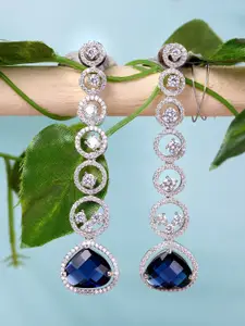 Saraf RS Jewellery Silver-Toned & Blue AD Studded Rhodium Plated Drop Earrings