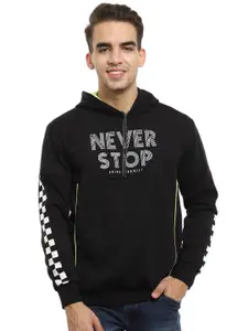 V-Mart Men Black Printed Fleece  Cotton Hooded Sweatshirt