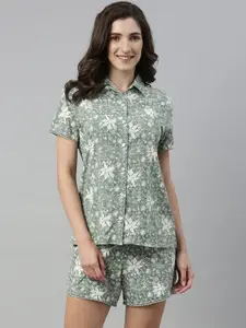 Enamor Printed Slounge Shirt and Shorts Set with Scallop Lace Trim
