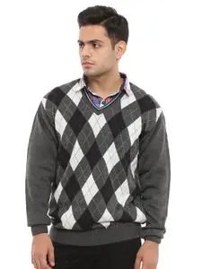 V-Mart Men Grey & White Checked Pullover