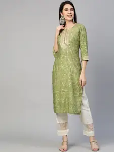 FASHOR Women Green Floral Printed Thread Work Kurta