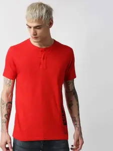 Pepe Jeans Men Red Henley Neck Slim Fit T-shirt