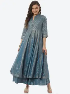 Biba Blue & Gold-Toned Ethnic Motifs Printed Cotton Maxi Dress