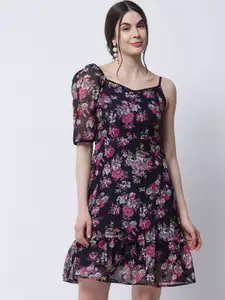 MARC LOUIS Women Navy Blue & Pink Floral Georgette Dress