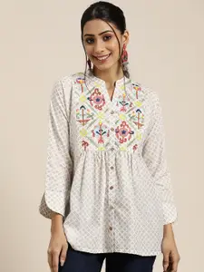 Sangria Women Off White Embroidered Pure Cotton A-Line Top