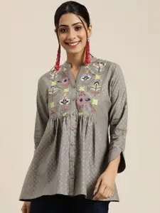 Sangria Women Grey Embroidered Print Pure Cotton Mandarin Collar A-Line Top