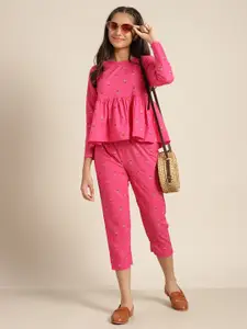 Sangria Girls Fuchsia & Orange Pure Cotton Ethnic Printed Top with Trousers