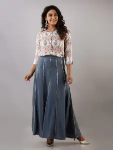 KALINI Women Grey Printed Shirt with Skirt