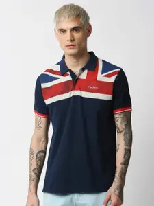 Pepe Jeans Men Blue & Red Printed Polo Collar T-shirt