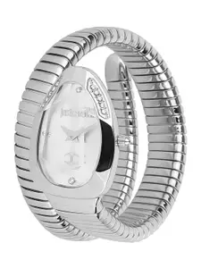 Just Cavalli Women Silver-Toned Brass Embellished Dial & Silver Toned Stainless Steel Wrap Around Straps Watch