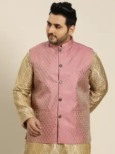 Sojanya PLUS Men's Pink & Golden Woven Design Nehru Jacket
