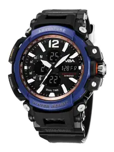 V2A Men Blue Patterned Dial & Black Bracelet Style Straps Analogue and Digital Multi Function Watch