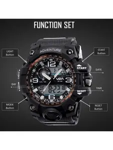 V2A Men Black Patterned Dial & Black Straps Analogue and Digital Multi Function Watch