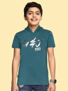 Gini and Jony Boys Teal & Silver-Toned Pure Cotton Typography Printed T-shirt