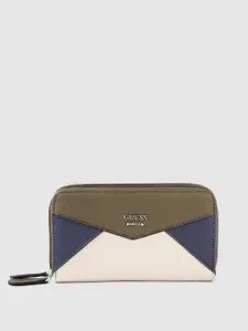 GUESS Women Olive Green & Beige Colourblocked Zip Around Wallet
