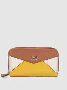 GUESS Women Brown & Mustard Yellow Colourblocked Zip Around Wallet