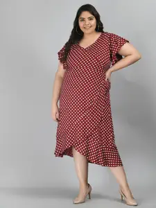 PrettyPlus by Desinoor.com PrettyPlus by Desinoor com Women Plus Size Maroon Polka Dots Printed Wrap Midi Dress