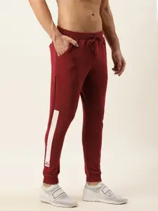 Flying Machine Men Maroon Solid Pure Cotton Joggers with Print Detailing