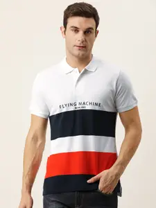 Flying Machine Men White & Navy Blue Brand Logo Colourblocked Pure Cotton Slim Fit T-shirt