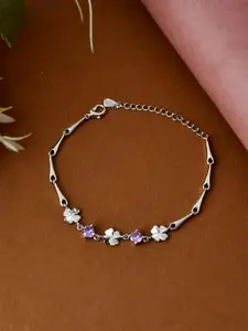 AQUASTREET Women Silver-Toned & Purple Cubic Zirconia Rhodium-Plated Link Bracelet
