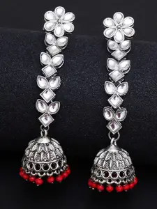KARATCART Red & Silver-Toned Floral Jhumkas Earrings