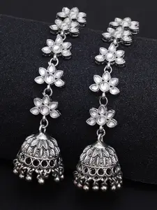 KARATCART Silver-Toned Floral Kundan Studded Jhumkas Earrings