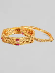 Rubans Set Of 2 Gold-Toned & Plated Ruby Stone-Studded Bangles