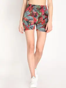 CHKOKKO Women Red Floral Printed High-Rise Shorts