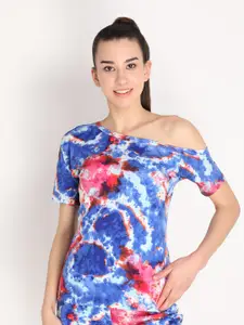 CHKOKKO Blue & Pink Tie & Dye Print One Shoulder Top
