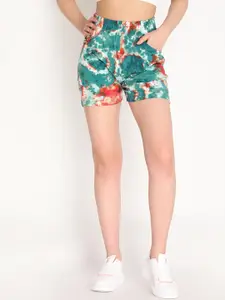 CHKOKKO Women Sea Green Printed High-Rise Casual Shorts