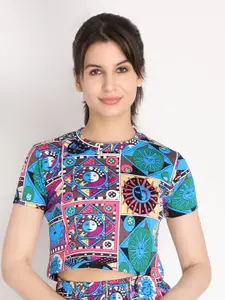 CHKOKKO Blue & Green Tribal Print Crop Top