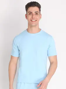 CHKOKKO Men Blue Terry Cotton T-shirt