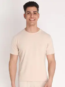 CHKOKKO Men Beige Solid Cotton T-shirt