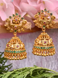 Saraf RS Jewellery Gold-Toned & Green Contemporary Jhumkas Earrings