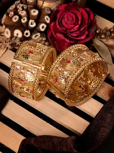 Saraf RS Jewellery Set Of 2 Gold-Plated White Stone Studded Bangles