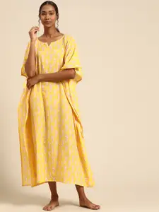 Prakrti Yellow & Pink Jaal Lurex Print Pure Cotton Kaftan Nightdress