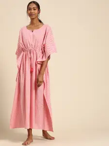 Prakrti Pink & White Pure Cotton Chevron Printed Kaftan Maxi Nightdress