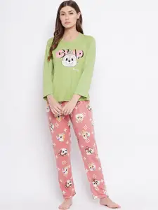 Camey Women Green & Pink Printed Night suit