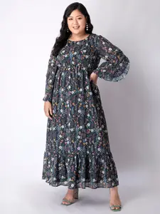 FabAlley Curve Women Black Floral Printed Maxi Dress