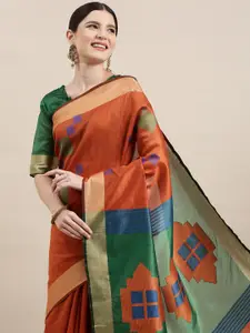 Saree mall Rust Orange & Blue Geometric Woven Design Saree