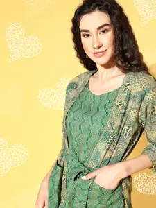 Bannos Swagger Women 3 Pc Green Printed Pure Cotton Night Suit Set