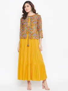 HELLO DESIGN Mustard Yellow & Red Floral Layered Ethnic Maxi Dress